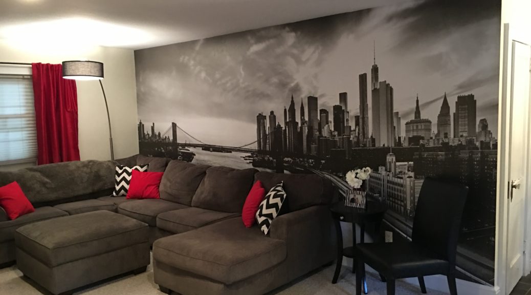 A wall graphic of Downtown Manhattan, as seen from Brooklyn