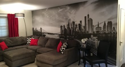 A wall graphic of Downtown Manhattan, as seen from Brooklyn