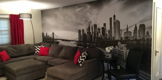 A wall graphic of Downtown Manhattan, as seen from Brooklyn